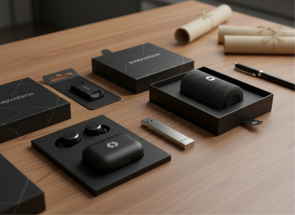 Ensemble d'emballages et gadgets technologiques sur table