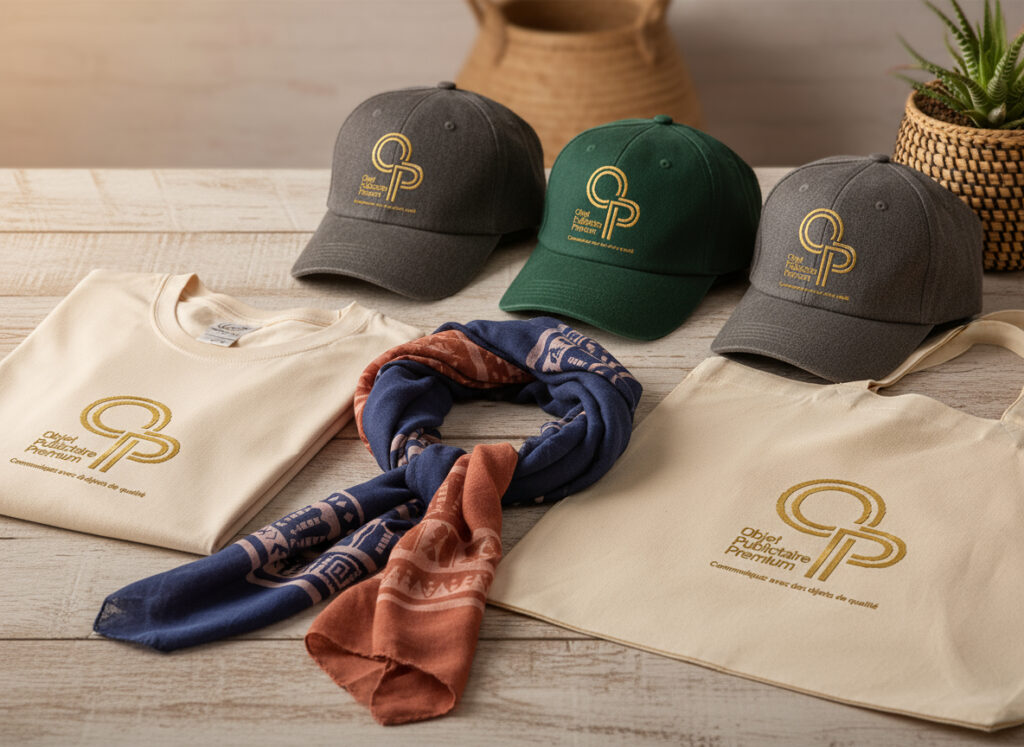 Chapeaux, t-shirt, sac et écharpe sur table.