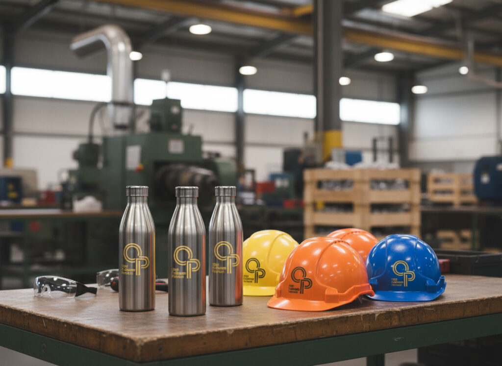 Casques et bouteilles sur une table industrielle.