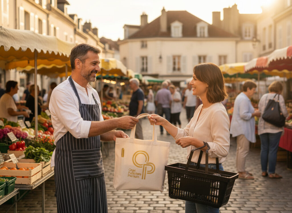 Échange de sac au marché en plein air.