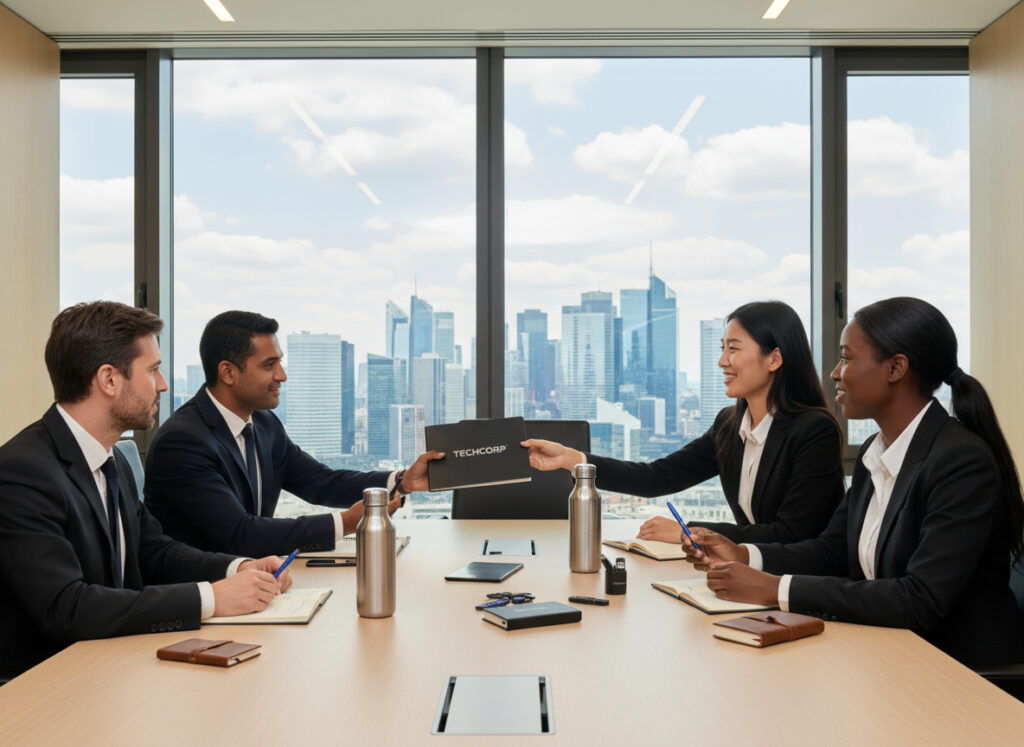 Réunion d'affaires avec quatre personnes au bureau.