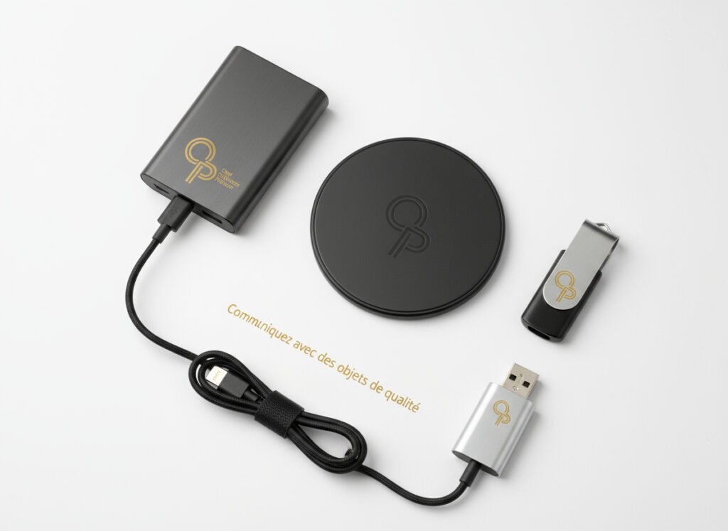 Objets technologiques avec logo et câble USB connectés.