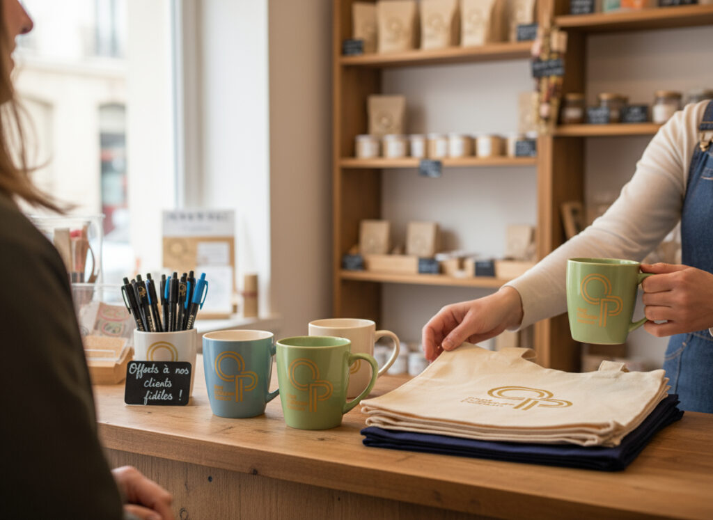 Boutique avec tasses et sacs personnalisés.