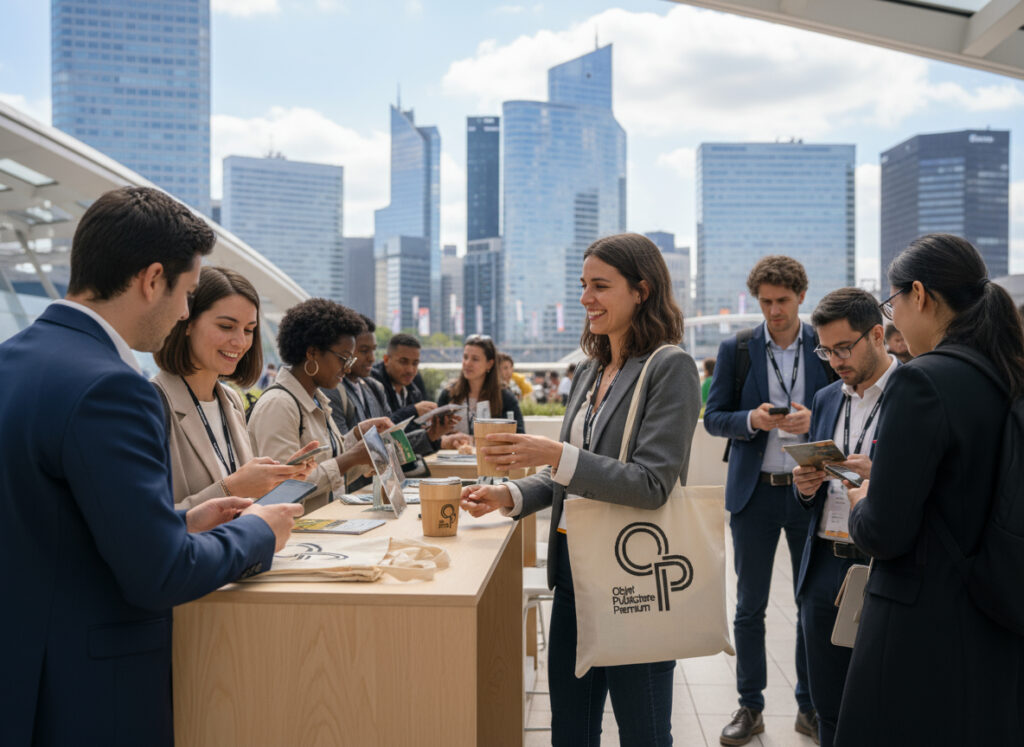 Personnes discutant lors d'un événement professionnel urbain.