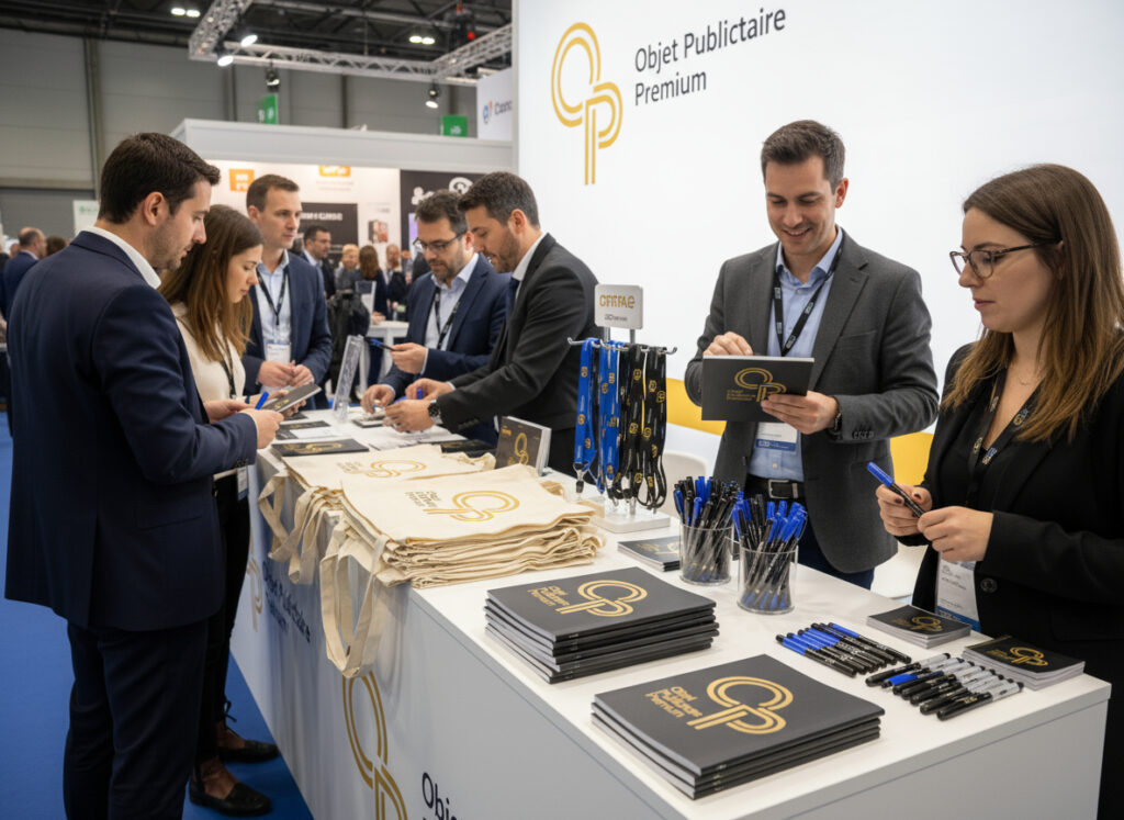 Stand commercial d'objets publicitaires modernes.