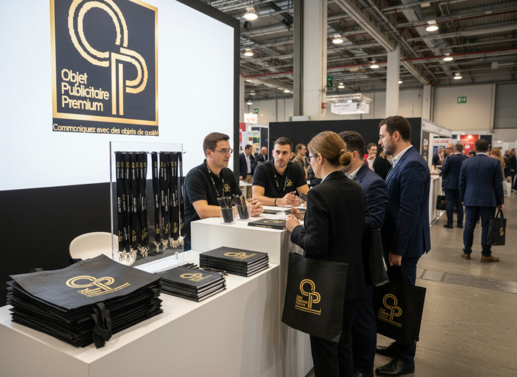 Stand d'exposition avec personnes discutant autour d'une table.