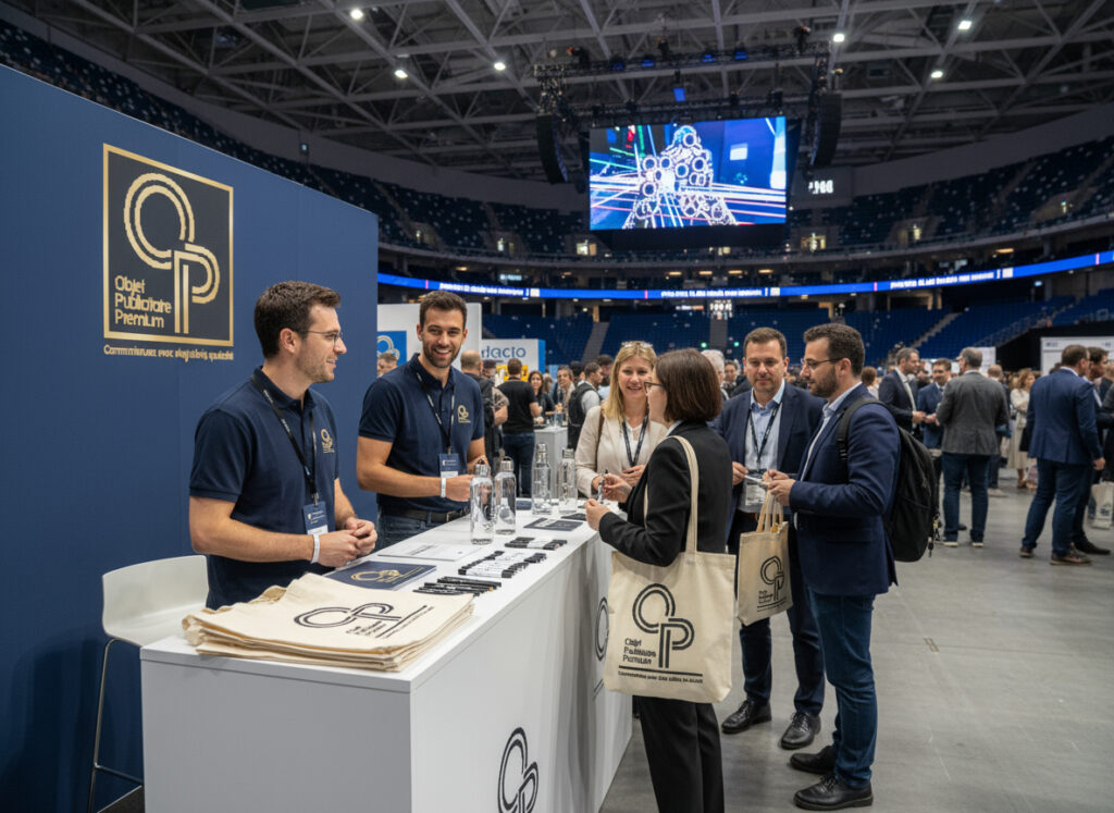 Stand d'exposition avec discussions professionnelles.