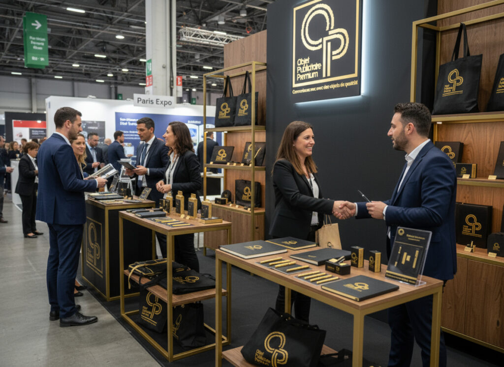 Stand de salon commerciale exposant objets promotionnels.