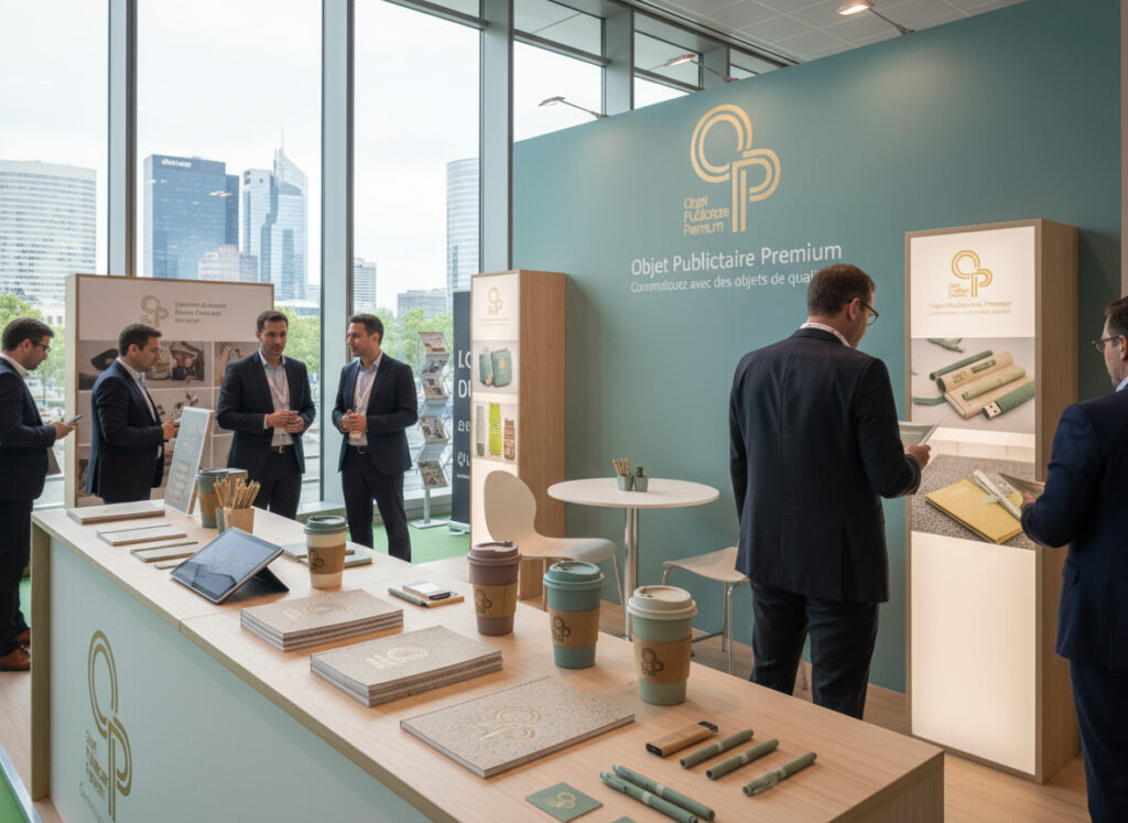 Stand professionnel avec objets publicitaires premium.