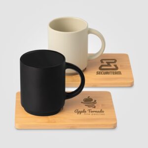 Café Duo - 325 ml Ensemble tasse en céramique et planche en bambou