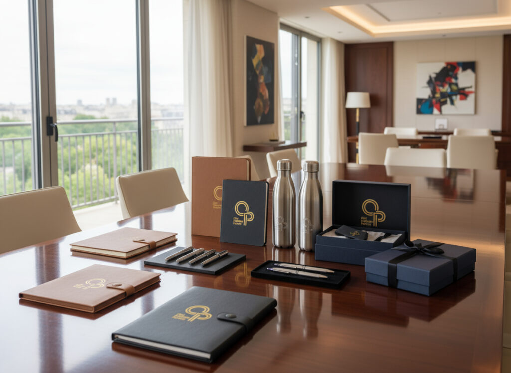 Articles de bureau sur table en salle de réunion.