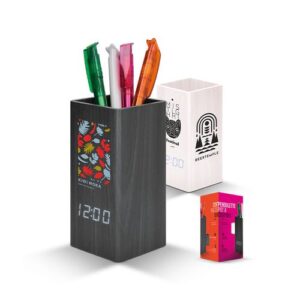 PENDULETTE AVEC POT A CRAYONS ET THERMOMETRE, HORLOGE DE BUREAU