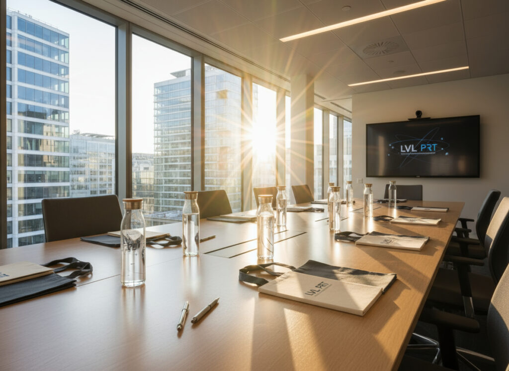 Salle de réunion moderne avec vue ensoleillée.