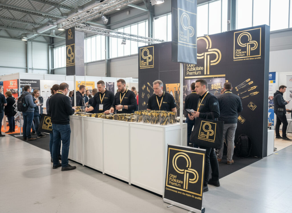 Stand exposition d'Objets Publicitaires Premium au salon.