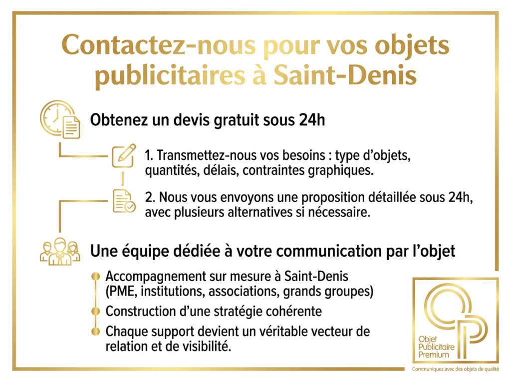 Publicité objets Saint-Denis, devis gratuit 24h, équipe dédiée.