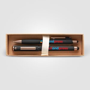 Coffret cadeau stylo York, plastique recyclé, finition bronze